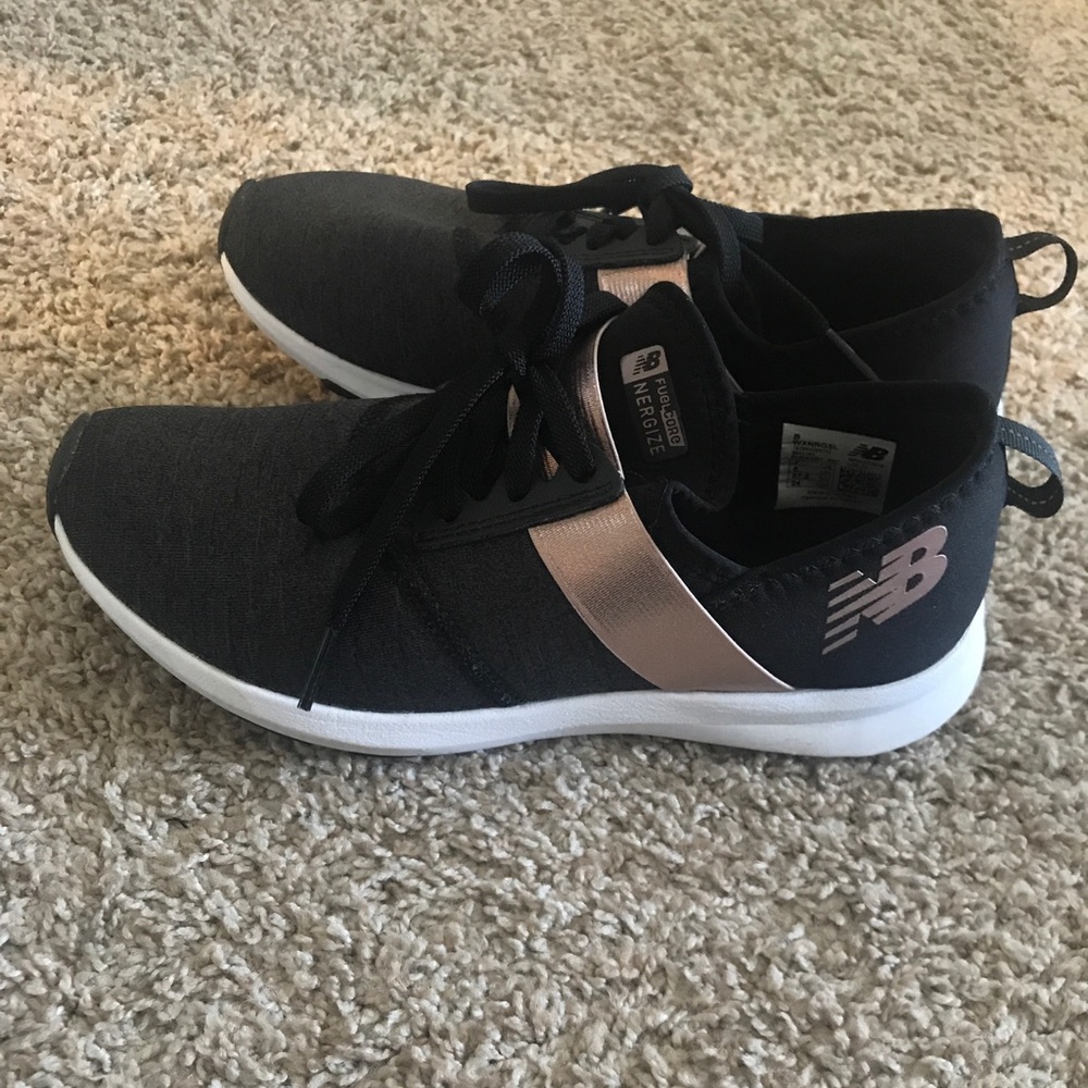 New Balance rose gold and black/ charcoal sneaker